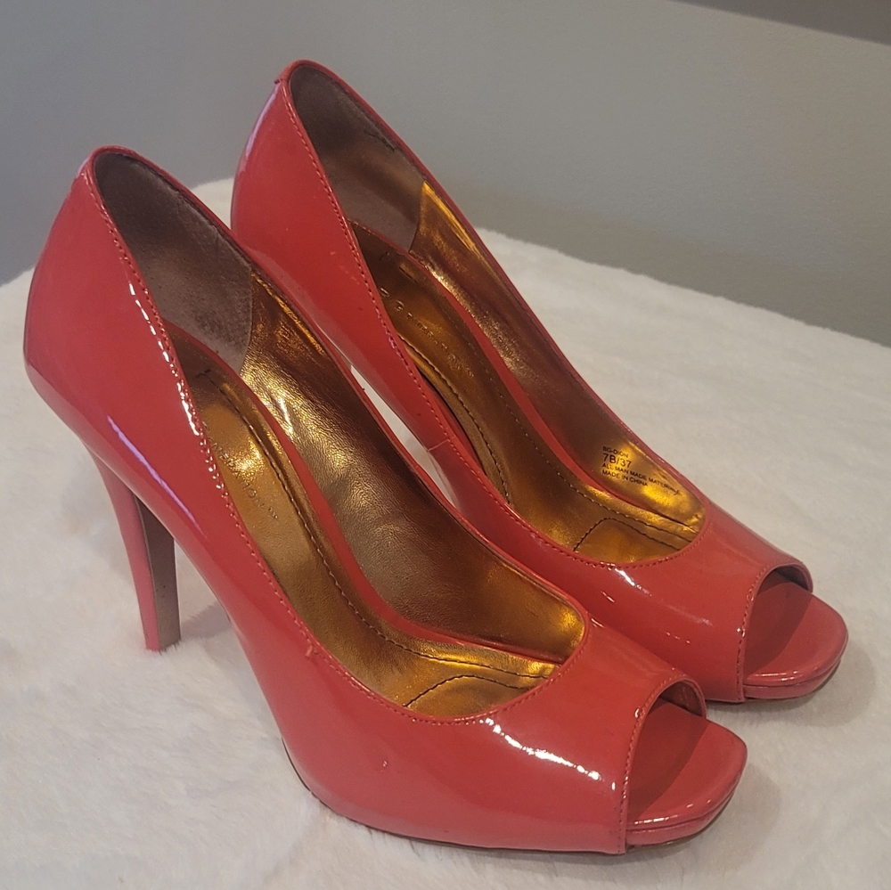 Coral peep toe heels